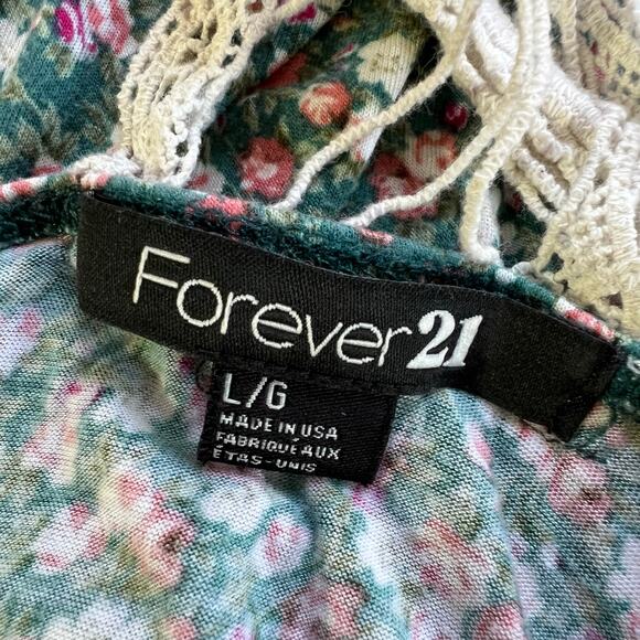 Forever 21 Womens Tank Top Crochet Scoop Neck Floral Print Green Pink Large - Picture 7 of 8